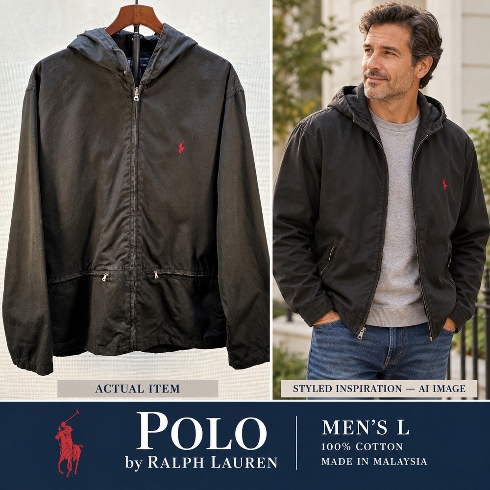 Vintage Polo Ralph Lauren Black Cotton Hooded Windbreaker Jacket Size L Malaysia